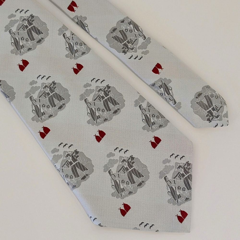 RARE Vintage Hardy Amies Tie Mens Gray Red Wheat Farming Pattern Silk Old Money - Picture 5 of 11